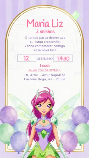 Convite de Aniversário Winx Tecna Roxo e Verde Editável