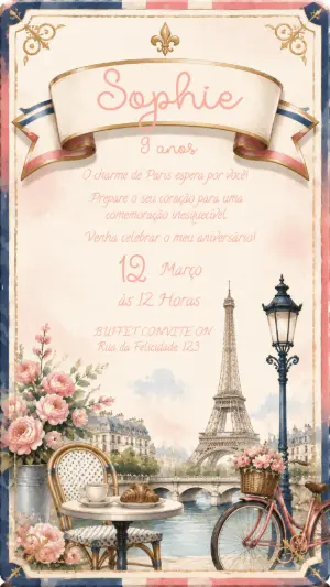 Convite de Aniversário Paris Romântico Aquarela Editável