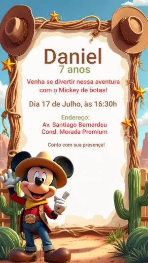 Convite Aniversário Mickey Cowboy para Editar Online