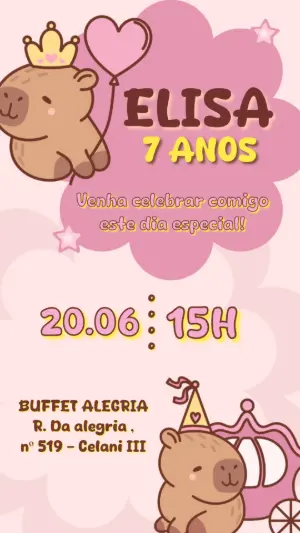 Convite de Aniversário Capivara Rosa para Editar