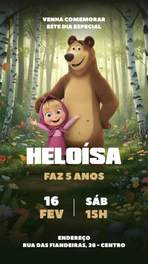 Convite Digital Masha e o Urso Aniversário Infantil para Editar