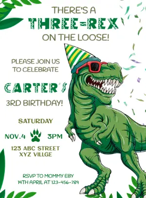 Three-Rex Dinosaur Birthday Invitation Editable Template