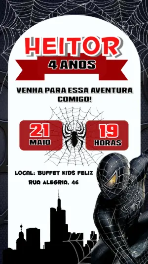 Convite Aniversário Homem Aranha Preto para Editar Online