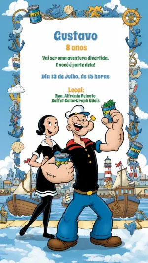Convite de Aniversário Popeye e Olívia para Editar Online