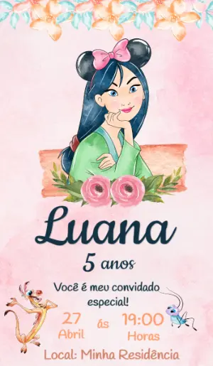Convite de Aniversário Mulan Aquarela para Editar