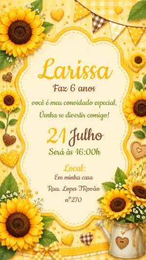 Convite de Aniversário Girassol Amarelo Modelo Editável