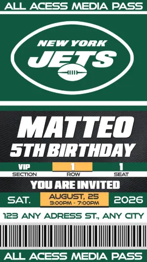 American Football Ticket Birthday Invitation New York Jets