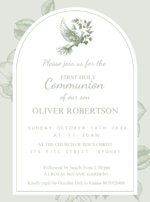 Elegant First Communion Invitation with Dove to Edit Online