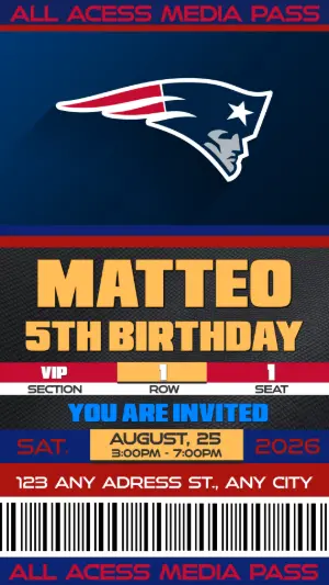 Editable Football Birthday Invitation Media Pass Template New England Patriots