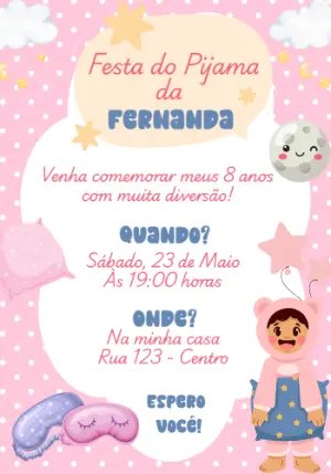 Convite Aniversário Festa do Pijama Fofo para Editar Online