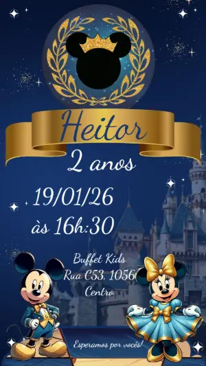 Convite Aniversário Mickey Realeza Azul e Dourado para Editar