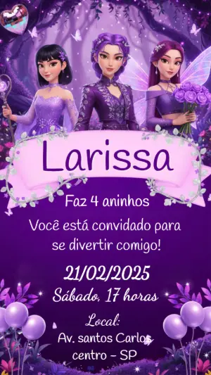 Convite de Aniversário Infantil Fadas Encantadas Roxo Editável
