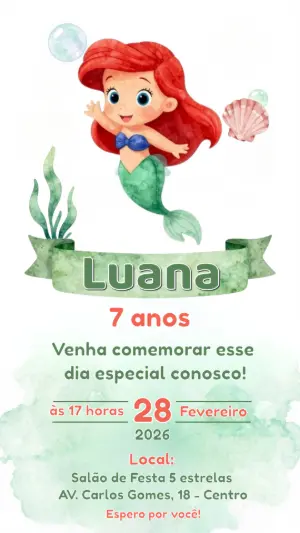 Convite Digital Sereia Ariel Fofa para Editar e Enviar