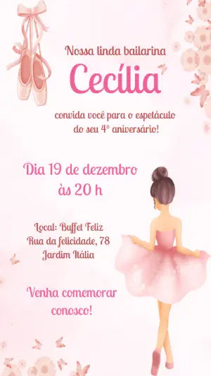 Convite de Aniversário Bailarina Rosa Delicado para Editar