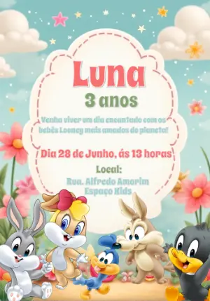 Convite Aniversário Baby Looney Tunes para Editar Online