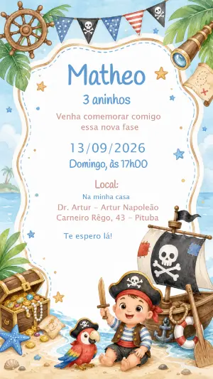 Convite de Aniversário Pirata em Aquarela para Editar