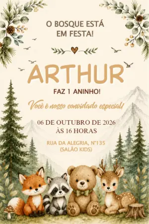 Convite Aniversário Bosque Aquarela Menino Editável Online