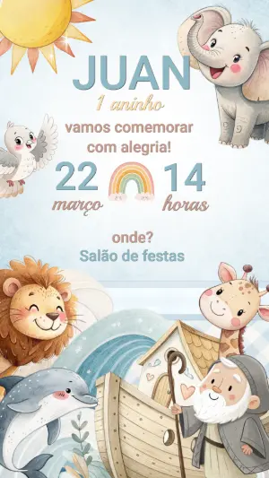Convite de Aniversário Arca de Noé Fofo para Editar Online