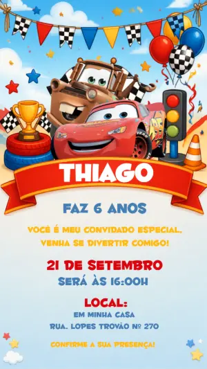 Convite de Aniversário Carros Disney: Modelo Editável Online