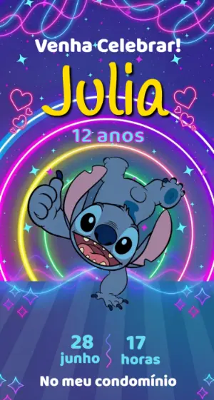 Convite de Aniversário Stitch Neon Editável