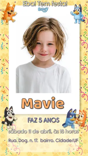 Convite de Aniversário Bluey com Foto para Editar