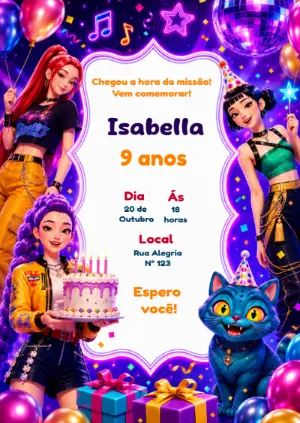 Convite de Aniversário Guerreiras K-pop Editável para Festa