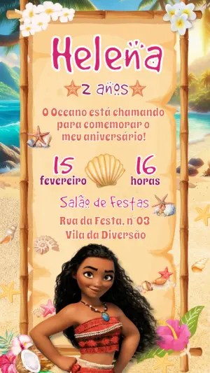 Convite de Aniversário Moana Tropical para Editar Online