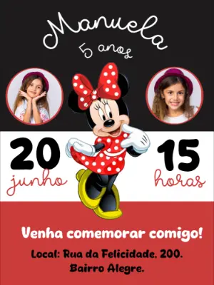 Convite Aniversário Minnie Mouse com Foto para Editar Online