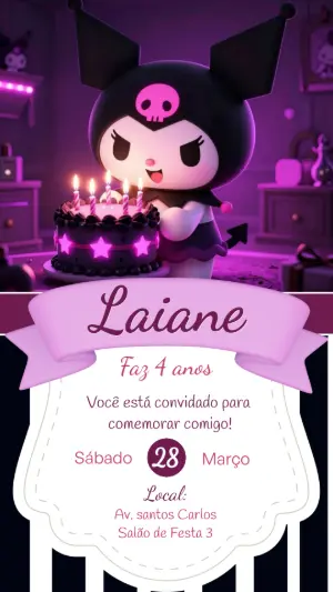 Convite de Aniversário Kuromi Roxo para Editar