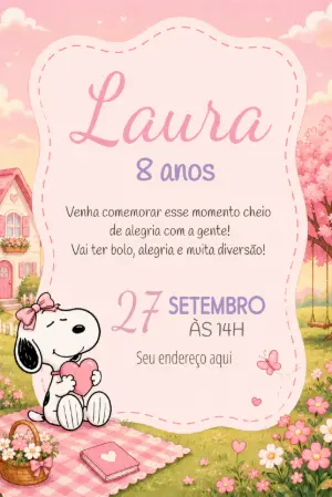 Convite de Aniversário Snoopy Rosa Delicado para Editar