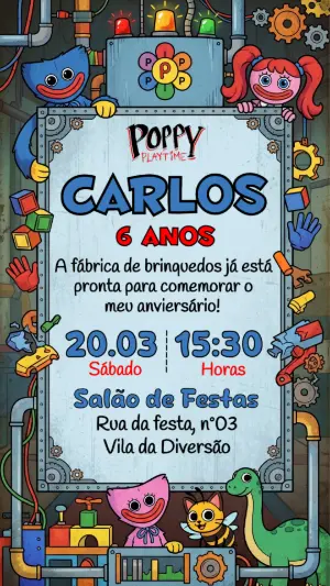 Convite de Aniversário Poppy Playtime Editável para Menino