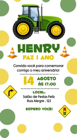 Convite de Aniversário Trator Verde para Editar Online