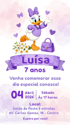 Convite de Aniversário Margarida Lilás Aquarela para Editar