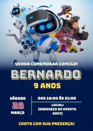Convite Digital Aniversário Gamer Astro Bot para Editar