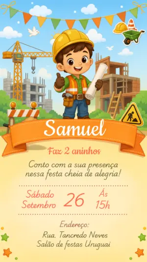 Convite de Aniversário Pequeno Construtor Editável