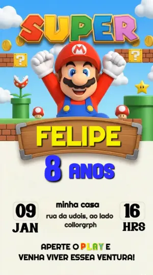 Convite Animado Super Mario: Vídeo de Aniversário Editável