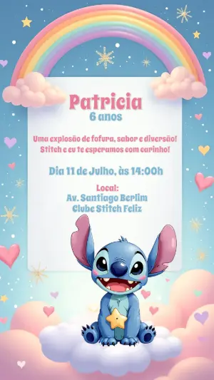 Convite de Aniversário Stitch Fofo com Arco-Íris para Editar