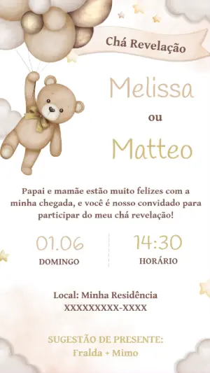 Convite Chá Revelação Ursinho Baloeiro para Editar Online