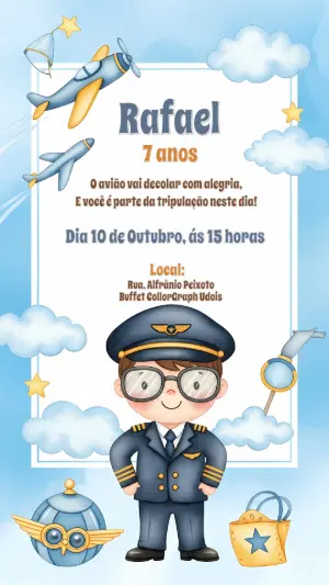 Convite de Aniversário Piloto de Avião para Editar Online