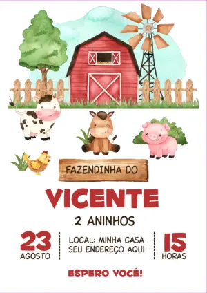 Convite Aniversário Fazendinha com Animais para Editar Online