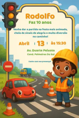 Convite de Aniversário Trânsito com Carros para Editar Online