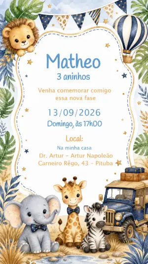 Convite Aniversário Safari Baby Aquarela para Editar Online