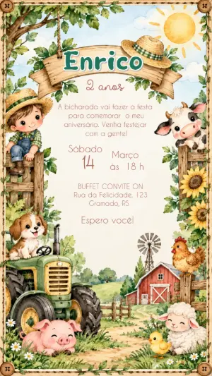 Convite de Aniversário Menino Fazendinha Aquarela para Editar