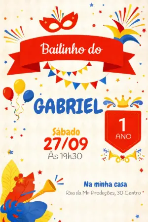 Convite de Aniversário Bailinho de Carnaval Colorido para Editar