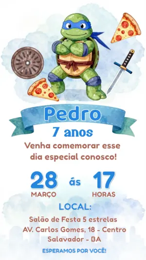Convite de Aniversário Tartarugas Ninja Aquarela Editável