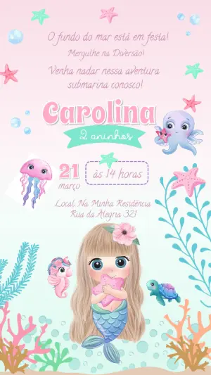 Convite Digital Infantil Tema Sereia Fofa para Editar