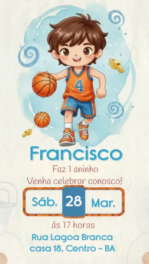 Convite de Aniversário Basquete Menino Aquarela Editável