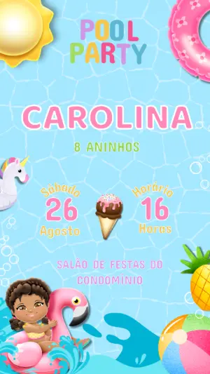 Convite Digital Pool Party Infantil Colorido para Editar