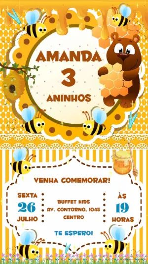 Convite Animado Aniversário Abelhinha e Urso para Editar