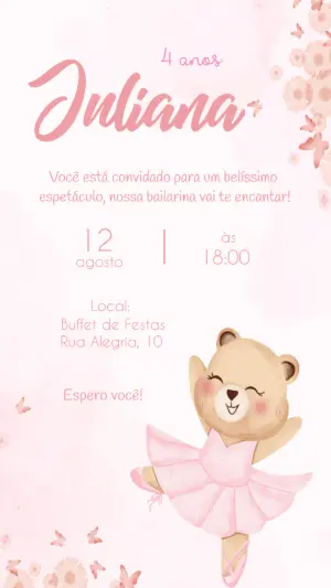 Convite Animado Aniversário Ursinha Bailarina para Editar